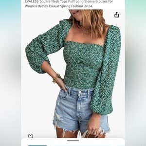 EVALESS green puffy long sleeve ruched blouse medium